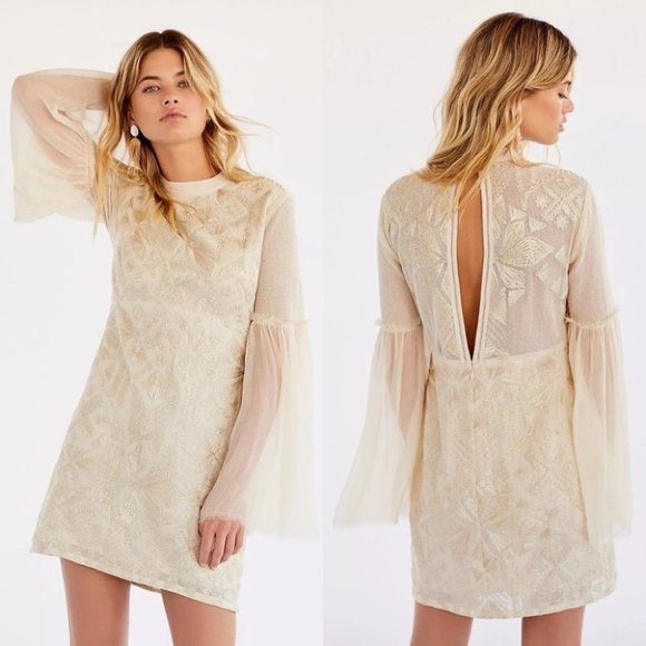 Free People Dresses & Skirts - Free People Cleo Embroidered Bell Sleeve High Neck Mini Dress